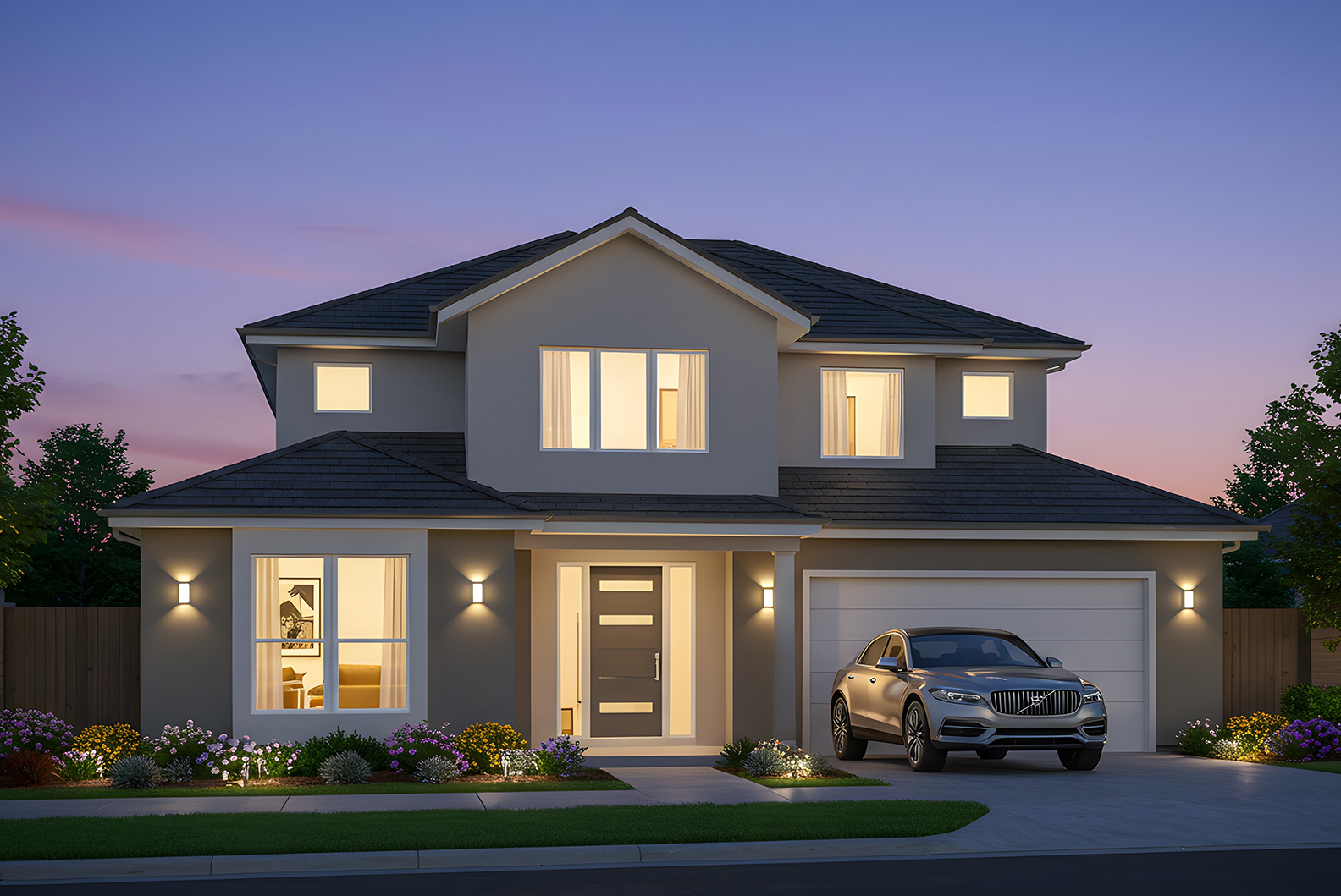 A house with lights on outside at night